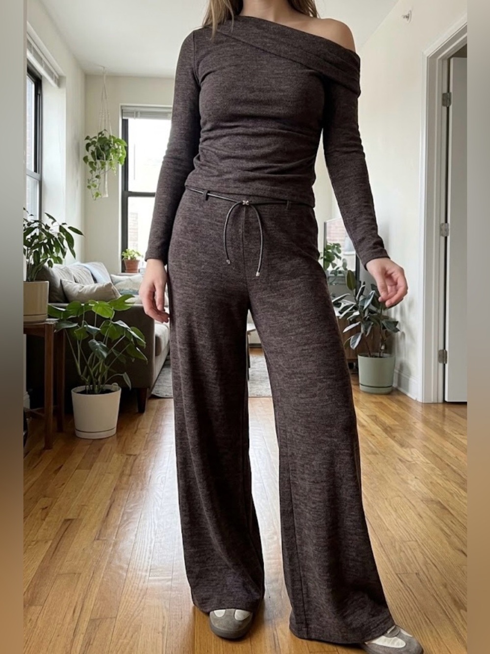 Zara Pique Asymmetrical Long Sleeve Top and Pants Set in Dark Brown / Charcoal